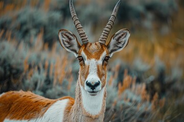 Close up image of an antelope with long horns. Suitable for nature and wildlife themes