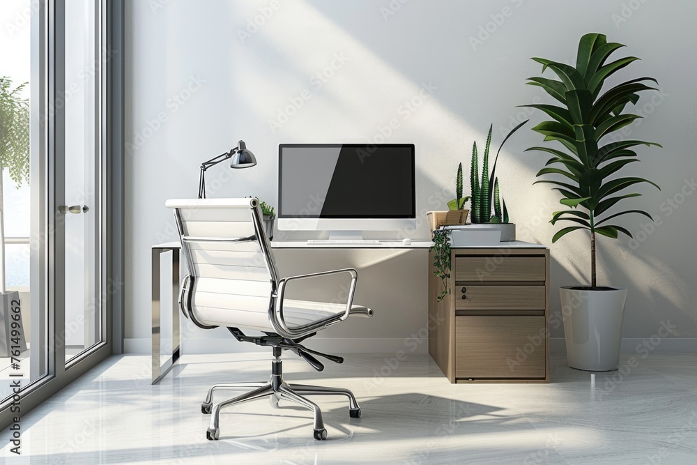 Poster a modern office desk with a computer and a potted plant. perfect for business or technology concepts