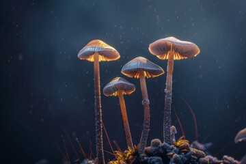 four high stem mushrooms isolated on black background 