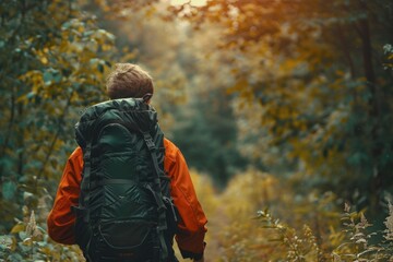 A man with a backpack walking through a forest. Suitable for outdoor and nature themes
