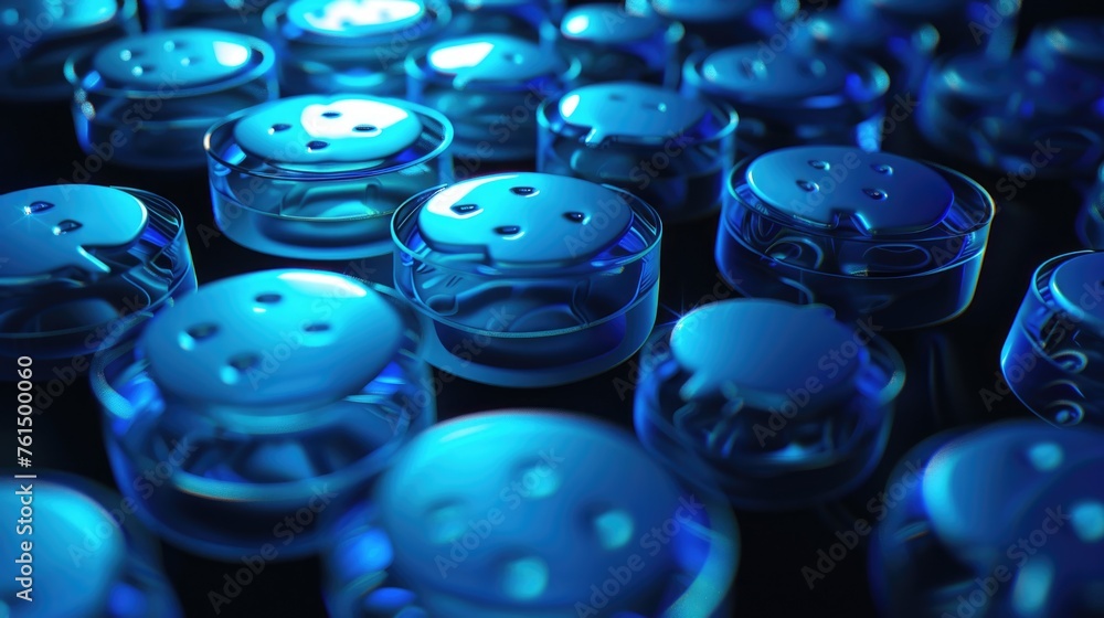Poster blue buttons neatly arranged on a table. perfect for fashion or crafting projects