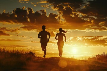 A man and a woman running in a field at sunset. Suitable for lifestyle and fitness concepts