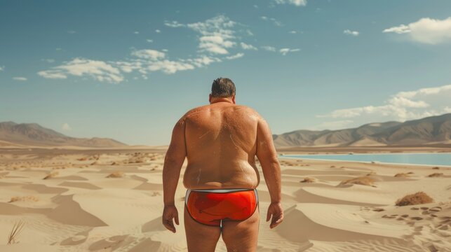 A man standing on a beach in his red underwear, suitable for travel and lifestyle concepts