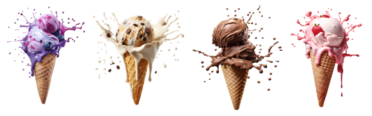 Set of Ice cream scoop on waffle cone flying splash explosion with sprinkles cream topping frosting on transparent background cutout, PNG file. Many assorted different. Mockup template for artwork