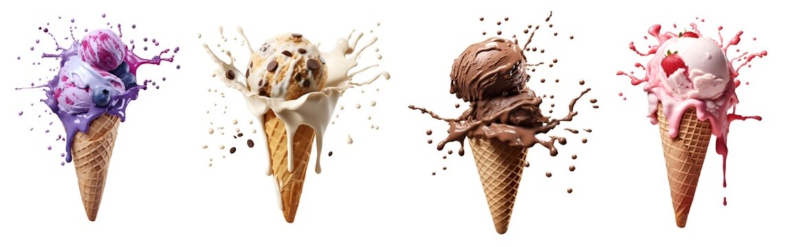 Set of Ice cream scoop on waffle cone flying splash explosion with sprinkles cream topping frosting on transparent background cutout, PNG file. Many assorted different. Mockup template for artwork