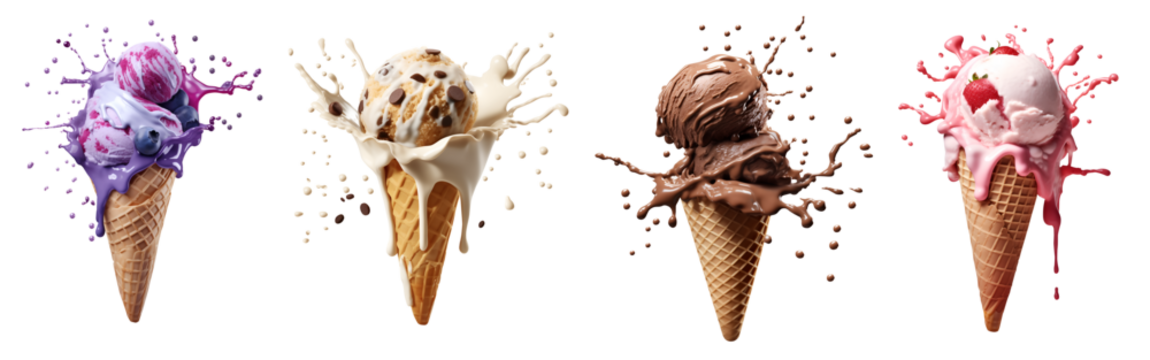Set of Ice cream scoop on waffle cone flying splash explosion with sprinkles cream topping frosting on transparent background cutout, PNG file. Many assorted different. Mockup template for artwork