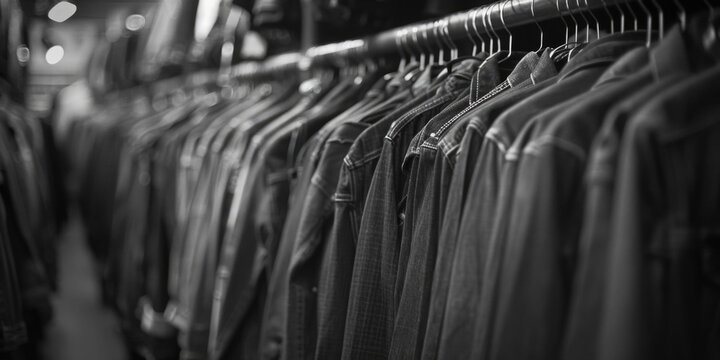 A black and white photo of a rack of shirts. Suitable for fashion and retail concepts