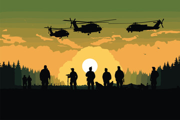Fototapeta na wymiar Silhouettes of soldiers and military helicopters at sunset
