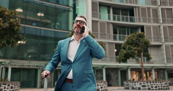 Businessman, talk and cellphone with city, commute and hotel for workspace. Senior man, happy and phone with glasses, meeting and walk for corporate or b2b communication in cape town with ceo