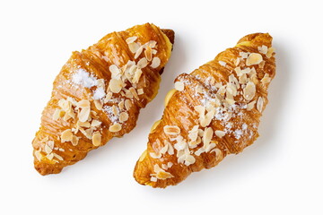 Two Croissants with Vanilla Cream and Almond Flakes on White Background