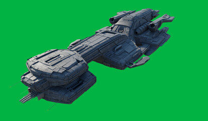 Large Battle Cruiser Spaceship Isolated on Green Screen Background - Front View, 3d digitally rendered science fiction illustration