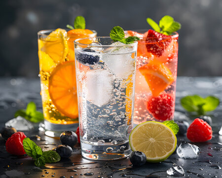 Refreshing summer beverages with ice, fruit, and clear, sparkling water.