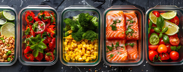 Containers filled with balanced meals for the week are arranged, showcasing nutrition-focused meal prep at its finest. - obrazy, fototapety, plakaty