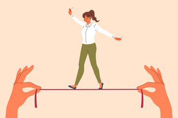Businesswoman takes risks, walking thin tightrope in hands of employer, demonstrating ability to balance while achieving goal. Successful girl in business clothes shows balance skills - obrazy, fototapety, plakaty