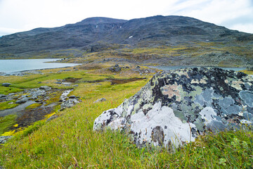Large rock formation in Sarek National Park, Sweden. Summer landscape of Northern Europe mountain wilderness area.