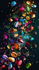 Colorful Cofee Beans Exploding Against a Dark Backdrop