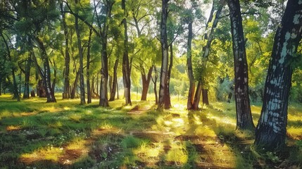 Sun rays filtering through dense forest, perfect for nature themes