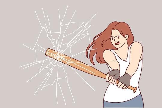Aggressive woman breaks glass with baseball bat to break into store and commit robbery. Girl with unbalanced psyche commits act of vandalism, breaking windows and participating in robbery