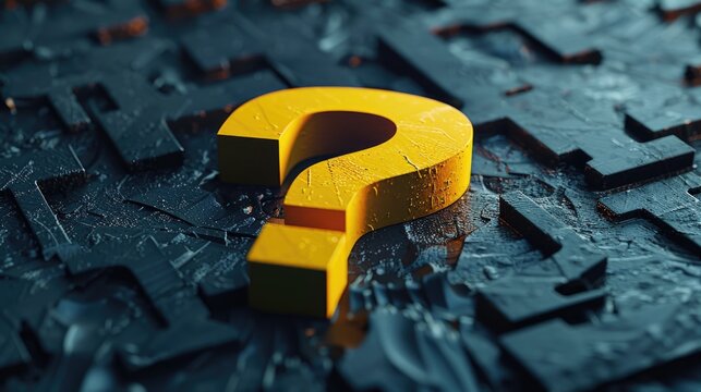 A striking yellow question mark on a dark black background. Ideal for educational or business concepts