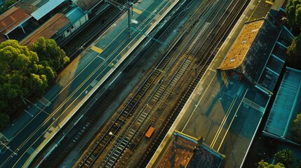 Aerial view of a train station with a train on the tracks. Suitable for transportation concepts