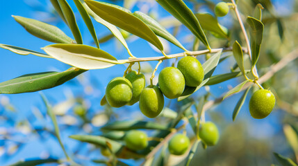 Fototapeta premium Ripe green olives dappled with morning dew and sunbeams filtering through leaves.