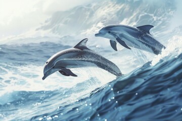 Two dolphins leaping out of the water, ideal for marine life concepts