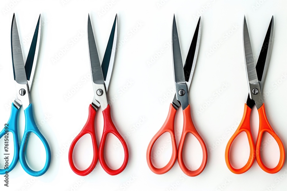Poster A row of four pairs of scissors. Can be used for office or school related designs