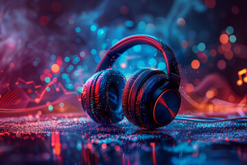 a pair of headphones against a backdrop of vibrant digital sound waves and musical notes,...