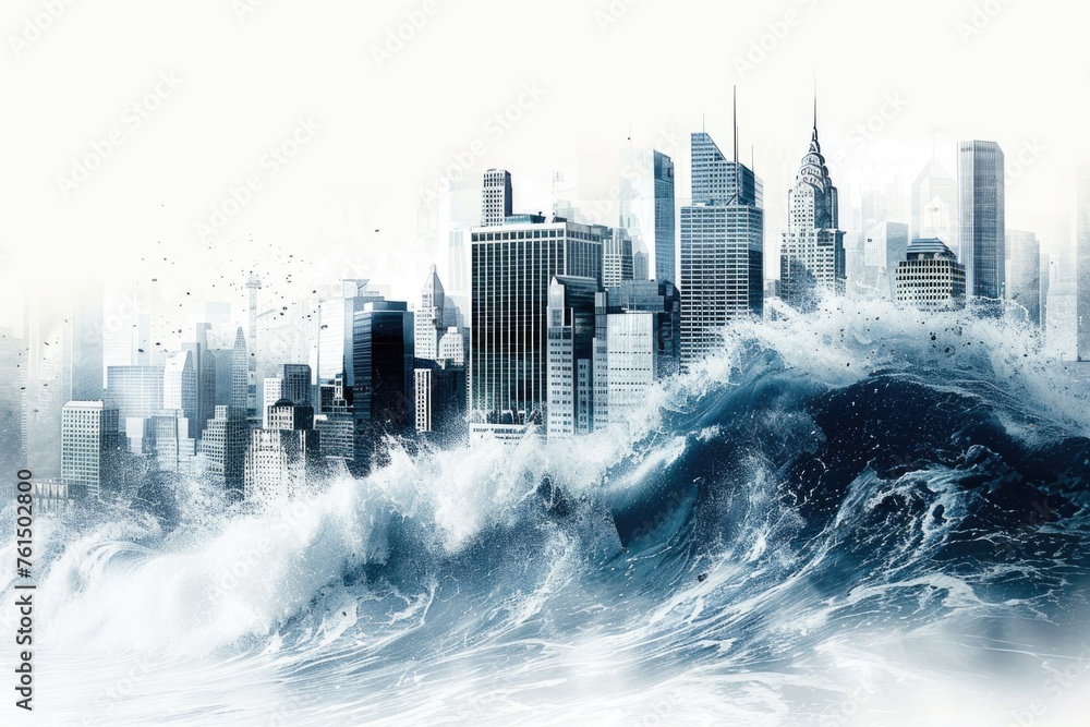 Poster powerful wave crashing in urban area. suitable for environmental or climate change concepts
