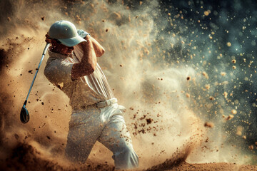 Action shot of a golfer executing a challenging bunker shot sand flying. - obrazy, fototapety, plakaty