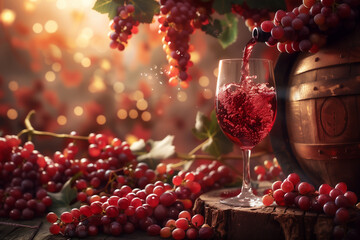 Capturing the essence of a wine pour into a glass, surrounded by grapes on a barrel. - obrazy, fototapety, plakaty