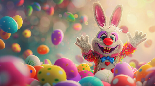 An imaginative 3D render of a cartoon rabbit and clown celebrating Easter with a bounty of brightly colored eggs.