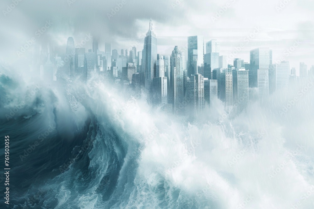 Poster A powerful wave in the ocean with a city skyline in the background. Ideal for travel brochures