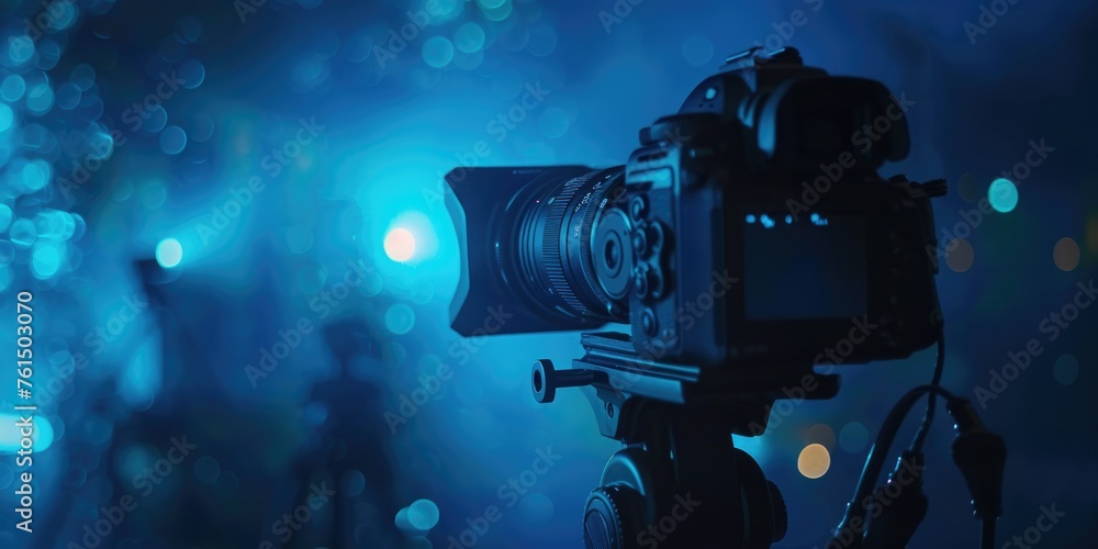 Poster A camera set up on a tripod with a blurred background. Ideal for photography concepts