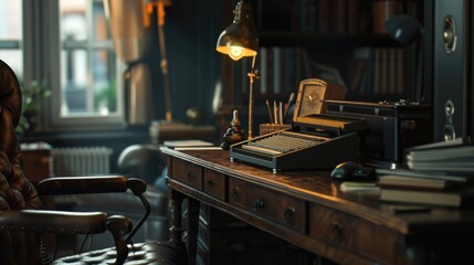 Vintage setup with typewriter and chair, perfect for nostalgic designs