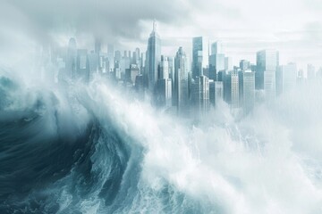 A powerful wave in the ocean with a city skyline in the background. Ideal for travel brochures