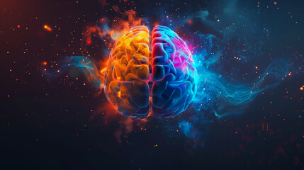 A brain with a red and blue color on space background. left and right brain. - obrazy, fototapety, plakaty