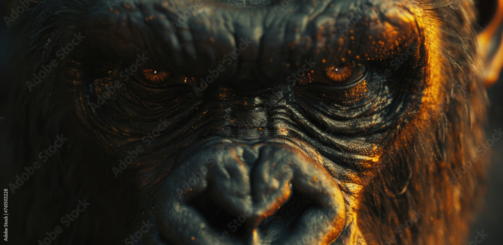 Poster a close-up of a gorilla's face with a blurry background. suitable for educational materials or wildl