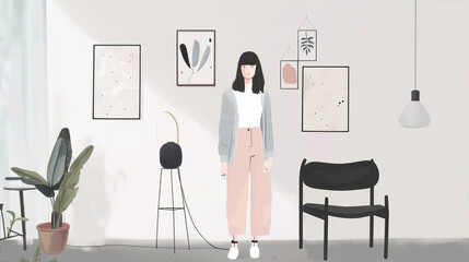 The girl is standing in a cozy room. Illustration in minimalistic style.
