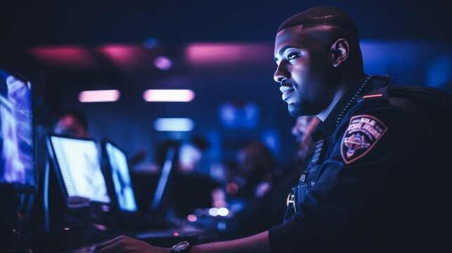 Female black police officer in uniform working at police station, reviewing reports on computer
