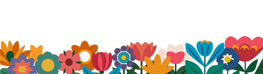 Horizontal banner, border with gorgeous abstract multicolored blooming flowers in folklore scandinavian style. Spring botanical flat vector illustration isolated on transparent background. - obrazy, fototapety, plakaty