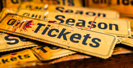 Multiple Season Tickets Text on Ticket Stubs Spread Out, Representing Exclusive Access to Scheduled Events or Sports - obrazy, fototapety, plakaty