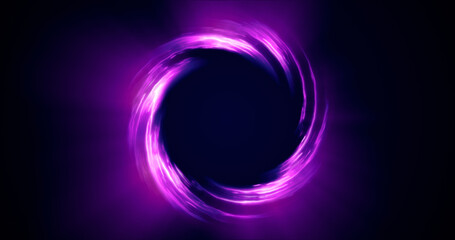Looped twirl circle of stripes and lines of bright purple beautiful magical energy glowing neon, round frame. Abstract background