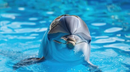Cute smiling dolphin swimming in blue water