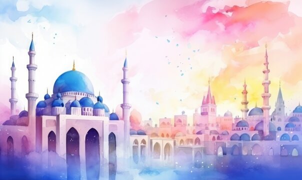 colorful mosque, water color style, Ramadan background