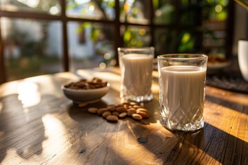 Almond milk, crafted from finely ground almonds and filtered water - obrazy, fototapety, plakaty
