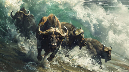 bufalos em águas turbulentas  - obrazy, fototapety, plakaty
