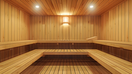 Fototapeta na wymiar Traditional Wooden Sauna Interior with Benches and Soft Lighting