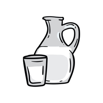 Jug of milk and glass. Bright vector hand drawn illustration isolated on white background.