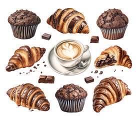 Illustrations of croissants, coffee mug,  muffins and chocolate. Color pencil drawings. Perfect for product packaging, home textile, menu design and stationery - 761505086